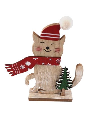 Fa dekoráció 190x210mm macska állványon-natúr-piros