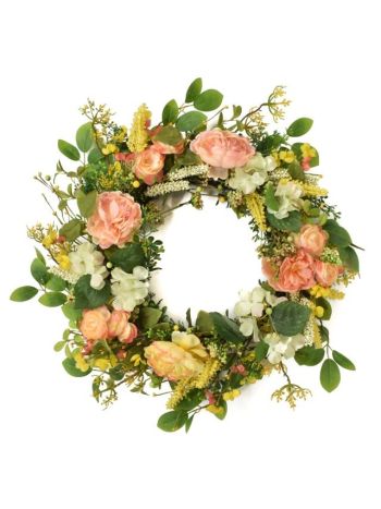 Selyemvirág koszorú peoniával. hortenziáva 75cm zöld. narancs SSS