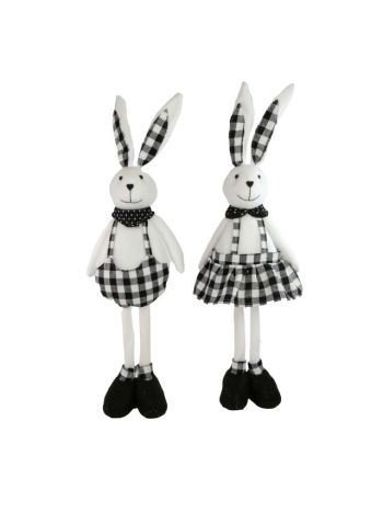 Nyúl kockás ruhában álló fiú- lány textil 19x10x62cm fekete- fehér 2 féle