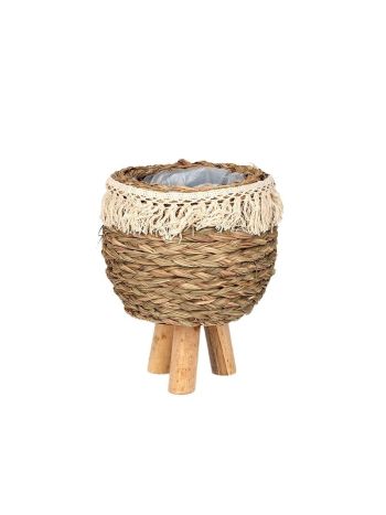fonott lábas kaspó rojtokkal natúr barna 19x15/22cm