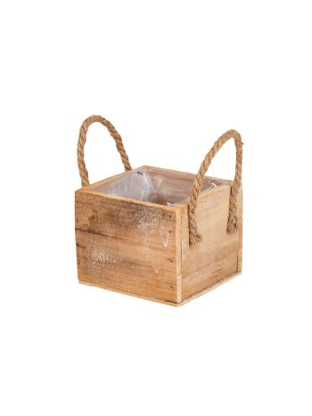 szögletes fa kaspó kötélfüllel 13x13x10-5cm