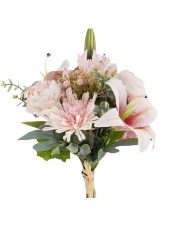 Tearózsa selyemvirág csokor real touch liliommal- 37cm magas- 28cm szé