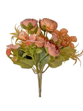 5 ágú hortenziás tearózsa selyemvirág csokor- 25cm magas - Sárgás mályva