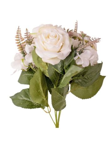Hortenziás rózsa selyemvirág csokor- 42cm magas - fehér