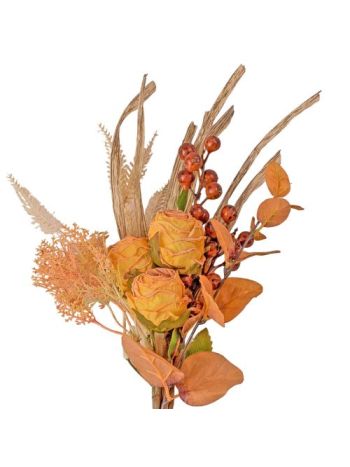 Művirág csokor rózsával- bogyós ággal- natúr növényekkel- 31cm magas