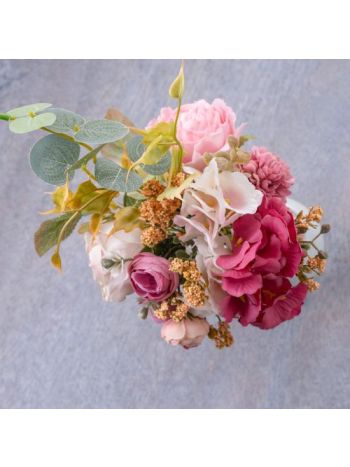 Selyemvirág csokor rózsával- hortenziával- eukaliptusszal- 39cm magas - Pink