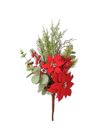 Karácsonyi mikulásvirág csokor bogyókkal és levelekkel- 42cm magas - Piros