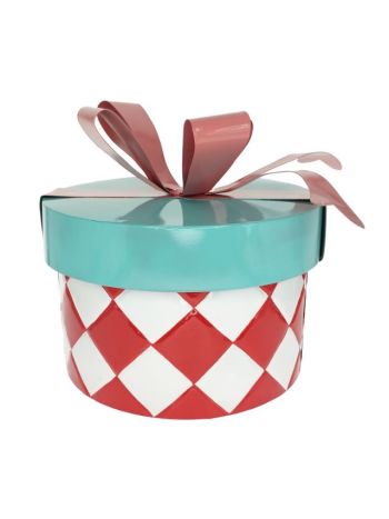 Ajándékdoboz kerek- masnival fém 25x25x22 cm kék- rózsaszín