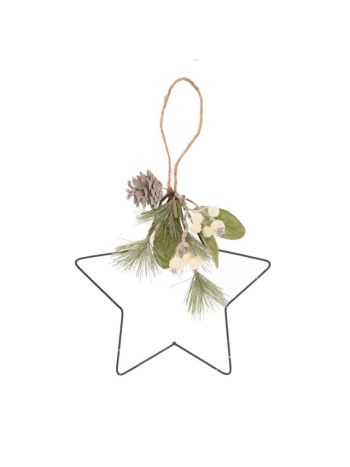 Ajtódísz csillag fenyővel- tobozzal- bogyóval- akasztós- műanyag- 25 cm- zöld