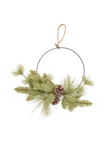 Door decoration with pine- pine cone- bell- hanging- plastic- 40 cm- green
