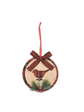 Dekorácia na dvere s vtákom- okrúhla- drevo- 12-5x12-5x12 cm- červená- prírodná- SSS