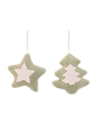 Hanging ornament star- pine- textile- 15 cm- green- white- 2 kinds SSS