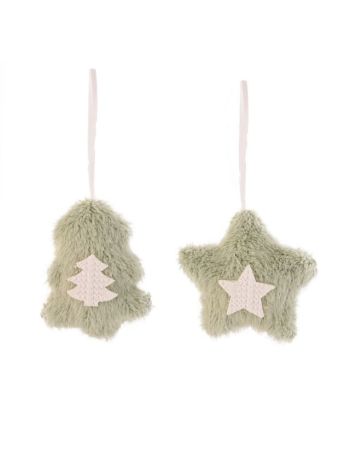 Akasztós dísz csillag- fenyő- textil- 8 cm- zöld- fehér- 2 féle SSS
