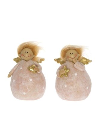 Angyal hajjal- csillaggal- szívvel álló- poly- 8x7x12-5 cm- rózsaszín- fehér- 2