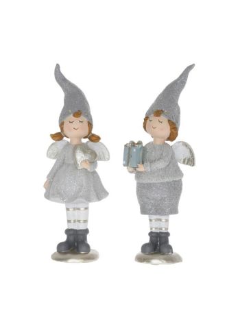 Angyal szívvel- ajándékkal álló- poly- 7-5x6x22 cm- szürke- 2 féle- SSS