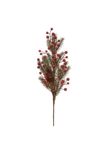 Bogyós ág tobozzal- levéllel- műanyag- polyfoam- 60 cm- piros- zöld