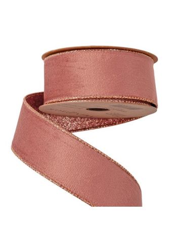 Rose gold bársony szalag csillogó hátoldallal- drótos szegéllyel 38mm x 5m