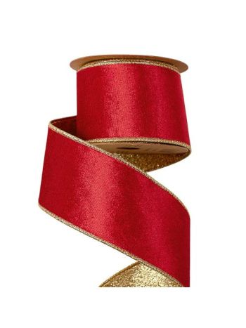 Red velvet ribbon with shiny backing - wire border 63mm x 5m