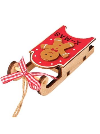 Mézikés szánkó dekoráció- fa- 10.5 x 4.5 x 2.6cm - Piros