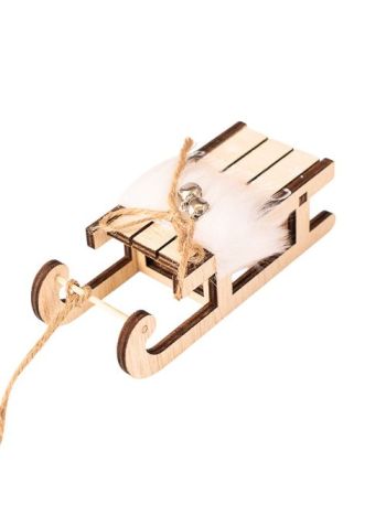 Szőrmés szánkó dekoráció- fa- 12.5 x 5 x 4cm - Fehér