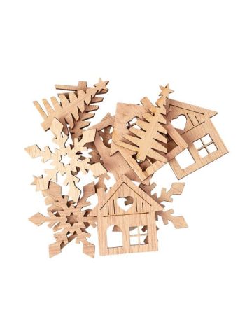 Karácsonyi dekorációs szett- vegyes fa díszek- 4-4-5 cm- 12db. - Natúr