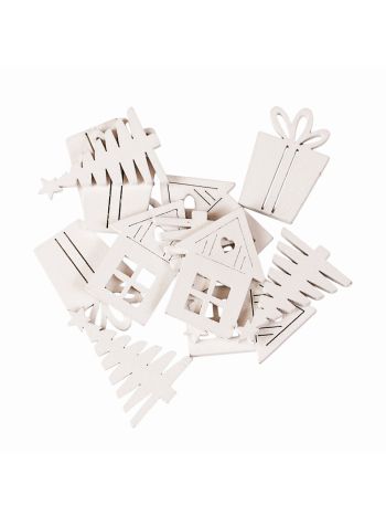 Karácsonyi dekorációs szett- vegyes fa díszek- 3 x 4 cm 12db. - Fehér