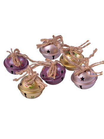 Karácsonyi fém csengő dísz szett 6db- arany/pezsgő/lila- 22 x 4 x 4cm