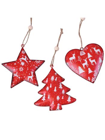 Karácsonyi fém fenyőfa/csillag/szív függődísz szett