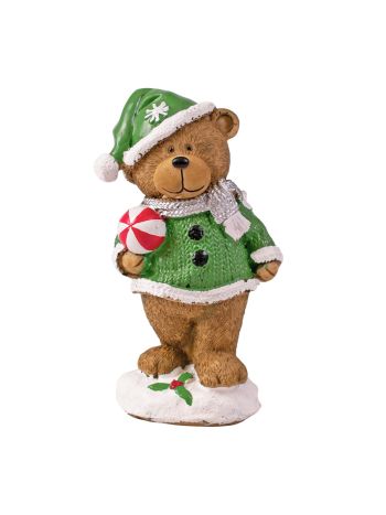 Karácsonyi polirezin zöld ruhás maci figura 5.6 x 5 x 12.6cm