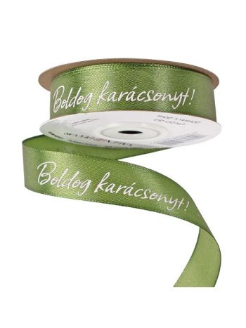 Boldog Karácsonyt! feliratos szatén szalag 20mm x 20m - Mohazöld