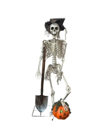 Csontváz ásóval- tökkel álló műanyag 32x19x92 cm fehér- fekete