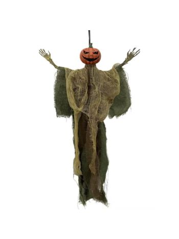 Csontváz tökfejjel- akasztós műanyag- textil 38x7x60 cm zöld- narancssárga
