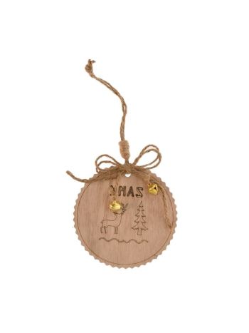 Dísz akasztós XMAS felirattal- szarvassal- fa- 10x10x1 cm- natúr- SSS