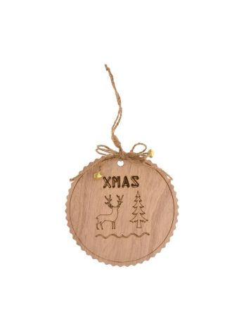 Dísz akasztós XMAS felirattal- szarvassal- fa- 15x15x1 cm- natúr- SSS