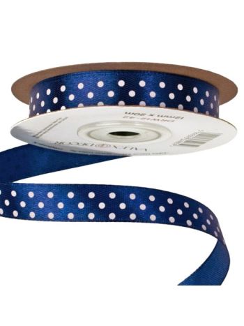 Fehér pöttyös szatén szalag 12mm x 20m - Tengerészkék
