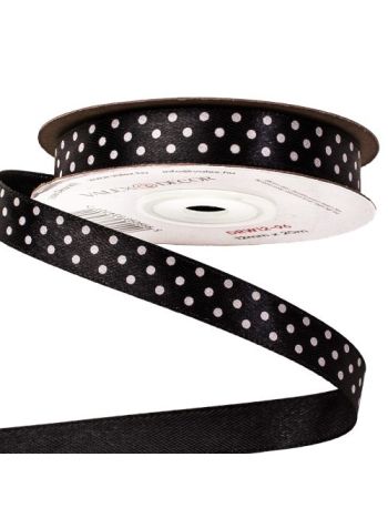 Fehér pöttyös szatén szalag 12mm x 20m - Fekete
