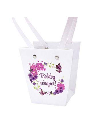 10db. Boldog nőnapot! feliratos virág táska 12(h) x 8(sz) x 12.5(m) cm