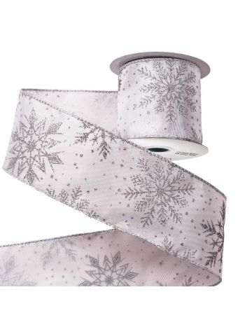 Trblietavá vločka Vianočná saténová stuha 64 mm x 6,4 m - biela