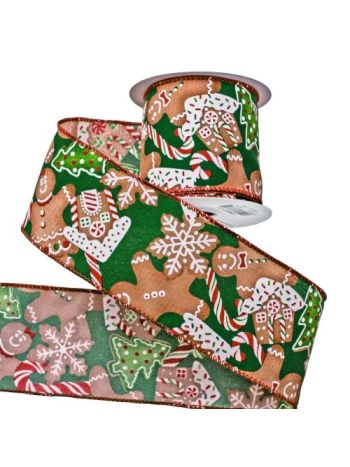 Mézeskalácsos karácsonyi szalag drótos szegéllyel 64mm x 6.4m - Zöld