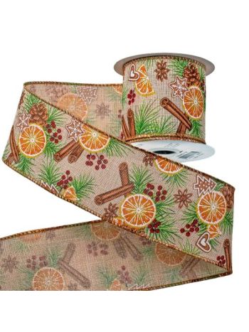 Fahéjas- narancsos karácsonyi szalag drótos szegéllyel 64mm x 6.4m