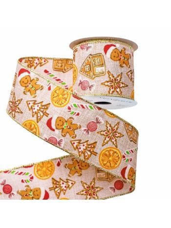 Cukorkás- mézeskalácsos karácsonyi szalag drótos szegéllyel 64mm x 6.4m