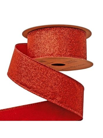 Glitteres karácsonyi szalag drótos szegéllyel 40mm x 5m - Piros