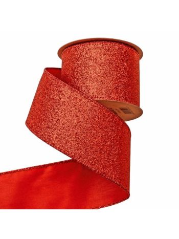 Glitteres karácsonyi szalag drótos szegéllyel 63mm x 5m - Piros