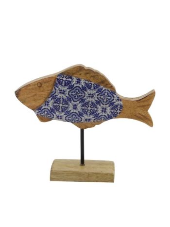 Hal mintás zománcozott fa- kerámia 17x5x15 cm natúr- kék