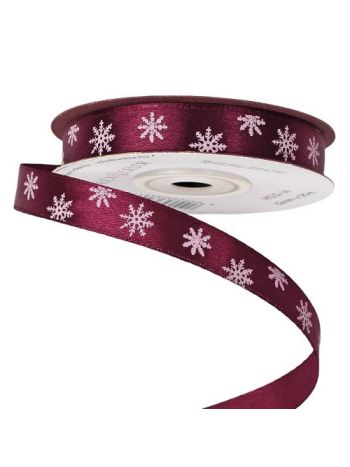 Hópelyhes karácsonyi szatén szalag 12mm x 20m - Wine red
