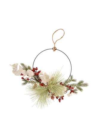 Karika fenyővel- bogyós- eukaliptusszal- glitteres- akasztós- műanyag- 40 cm- zö