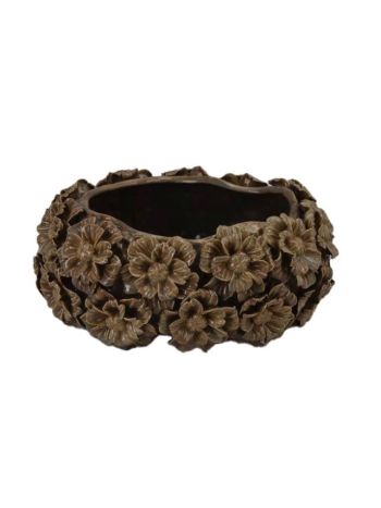 Kaspó ovális 3D virág mintával kerámia 29x23-5x13 cm barna- kék