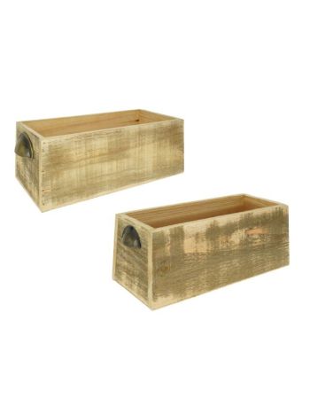 Kaspó szögletes- koptatott fa- fém 30x14-5x11 cm- 24x10x9 cm natúr- szürke S/2
