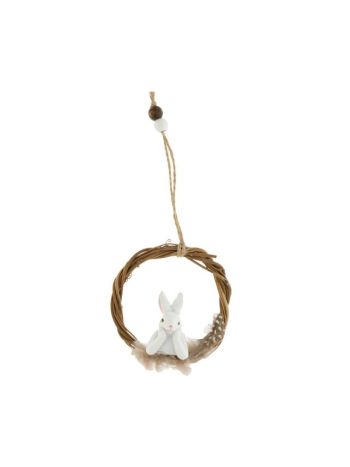 Koszorú nyúllal- tollal akasztós műanyag 8x3x8-5 cm fehér- natúr @