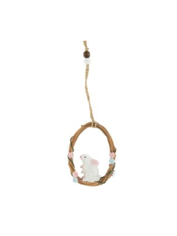Koszorú tojás alakú- nyúllal akasztós műanyag 6-5x1-2x8-8 cm fehér- natúr @